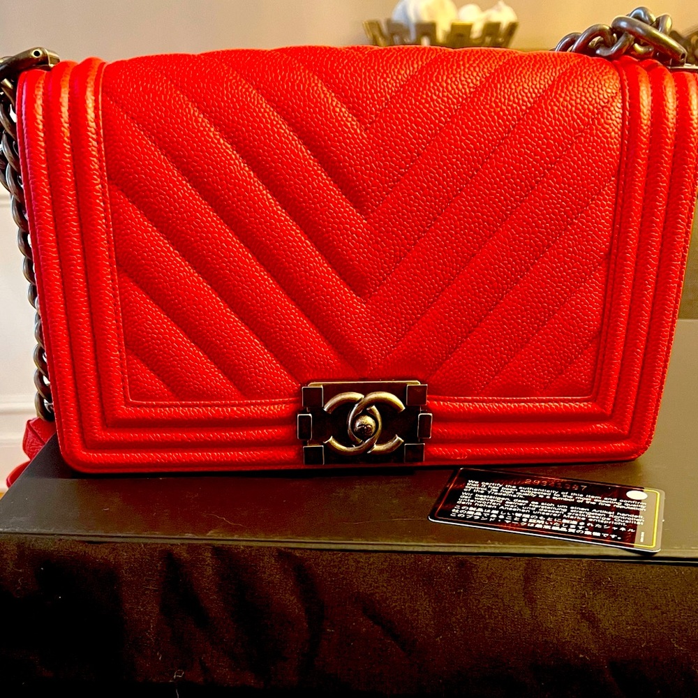 Red Chanel Medium Boy Bag with Ruthenium Hardware
